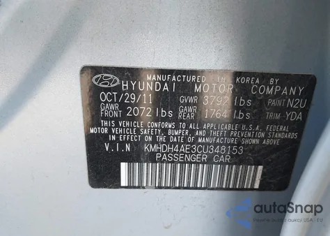 2012 Hyundai Elantra Gls (Ulsan Plant) from USA, damaged, VIN KMHDH4AE3CU348153